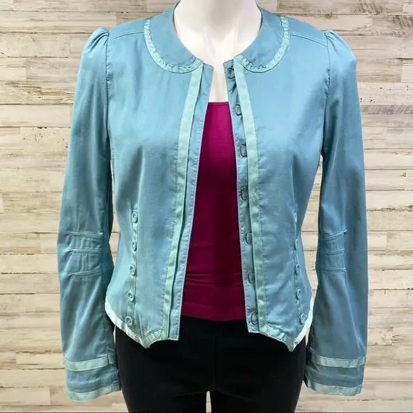 Marc Jacobs Military Style Cotton Blazer Womens Size 4 Light Teal Ribbon Detail - Picture 3 of 15